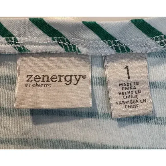 Chico’s Zenergy Sand Sun & Fun Green White‎ Stripe Shirt Top Womens Small (504) - Picture 6 of 7